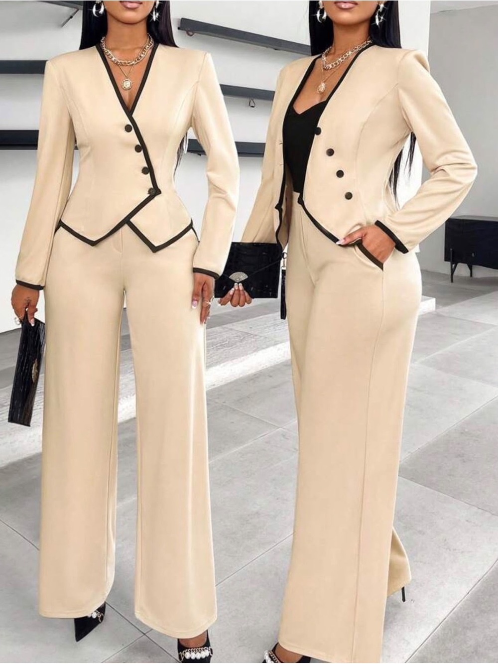 Beige Wide-Leg Pantsuit with Black Trim by size S m l xl xxl available